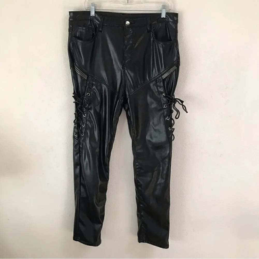 ‎Unbranded black faux leather lace up Moto pants 36*